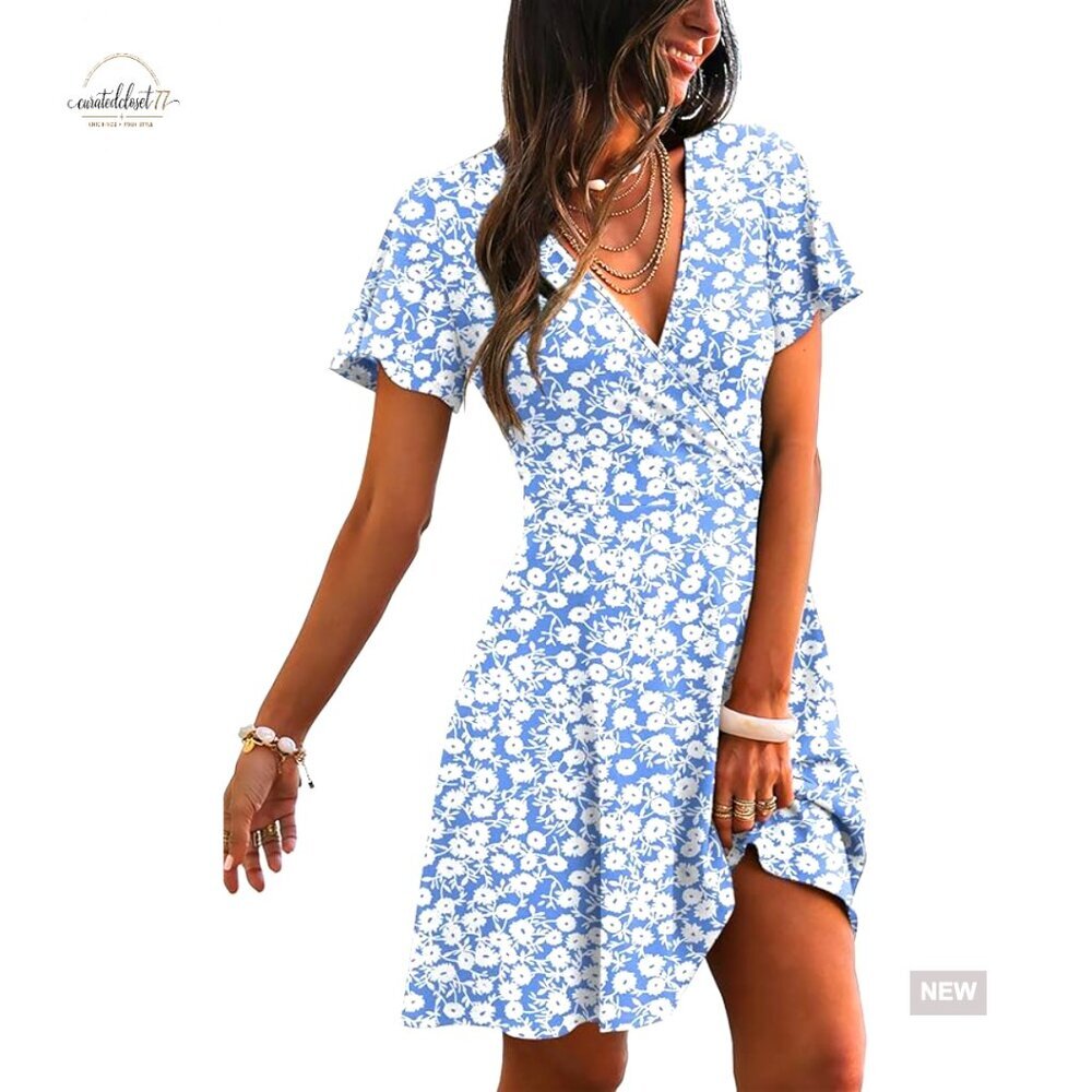 Wrap V-Neck A-Line Sundress with Ruffle Sleeves, Polyester Blend